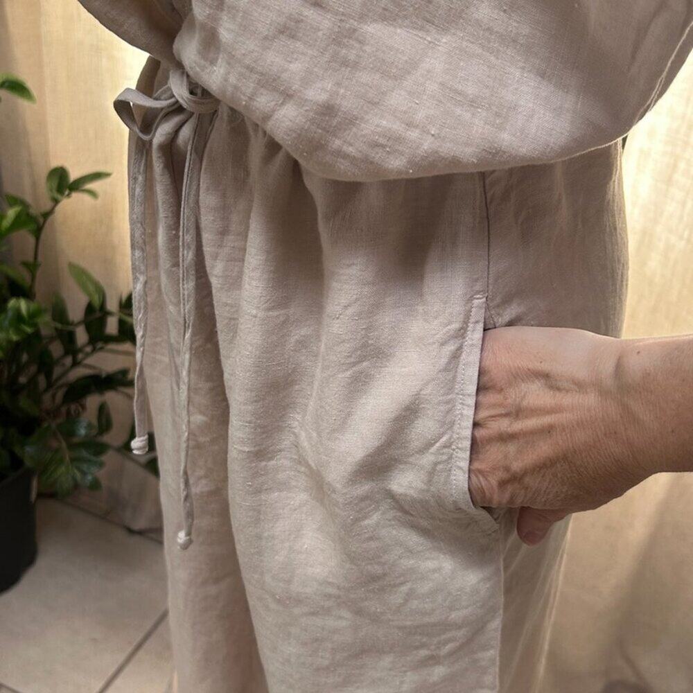 Linen Wide Leg Jumpsuit Coastal Minimal Euro Summer Neutral Pockets Women M - Picture 9 of 15